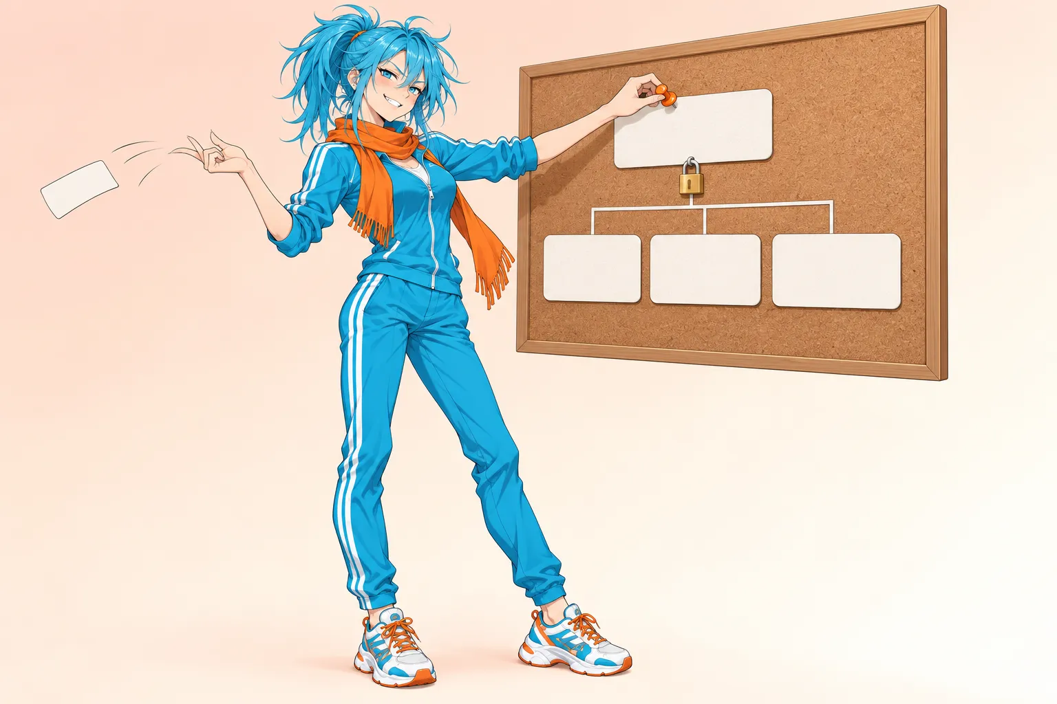 Hayate-chan grins as she pins the top box of a simple two-level category tree to a corkboard with an orange pushpin, a padlock hanging from it, while flicking one leftover label card away, on a soft peach background