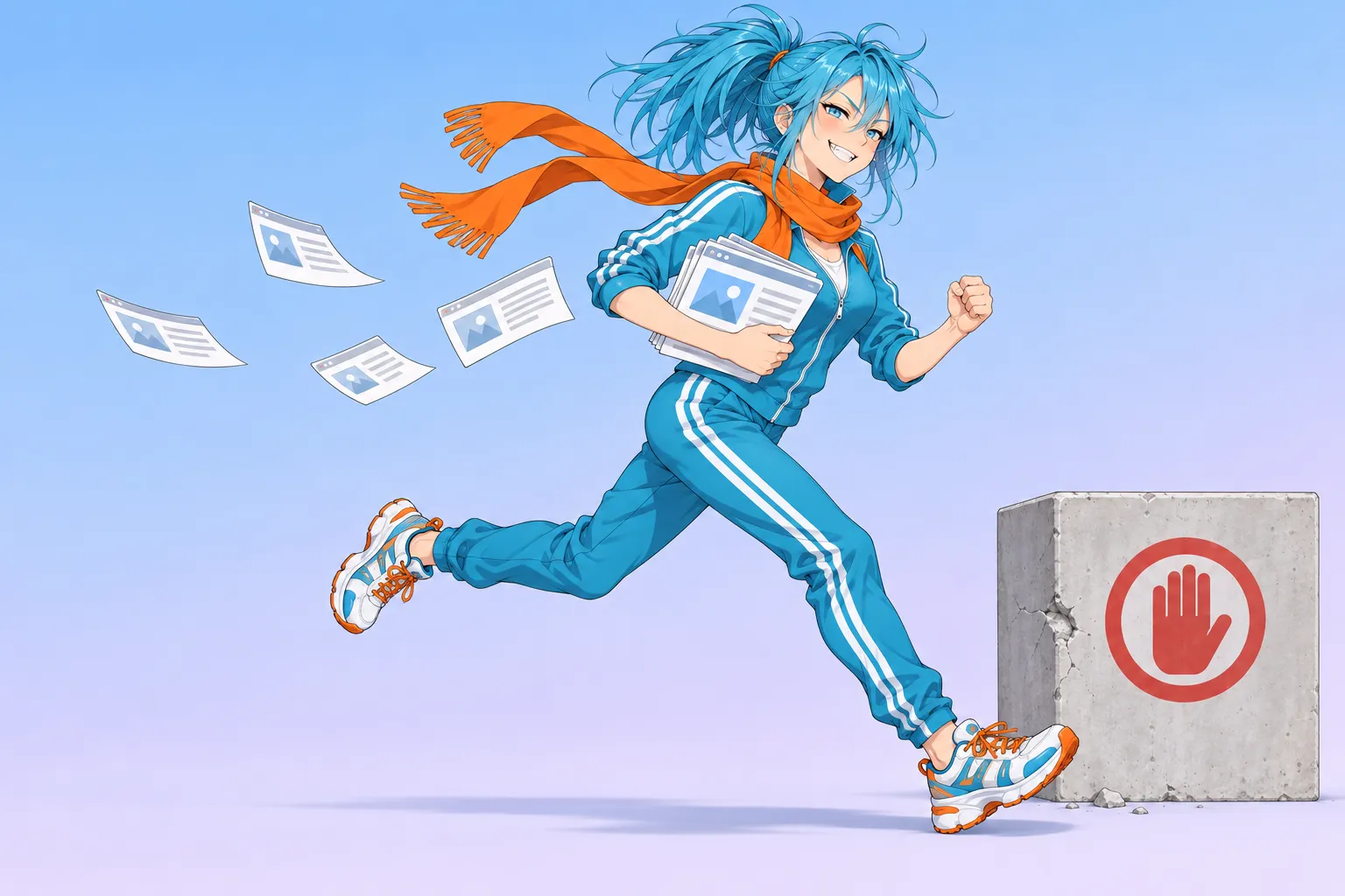 Hayate-chan sprints with a stack of web page cards under one arm, a few loose pages fluttering behind her, toward a concrete block with a red stop-hand sign and a dent from an earlier collision, on a pale blue-to-lavender background