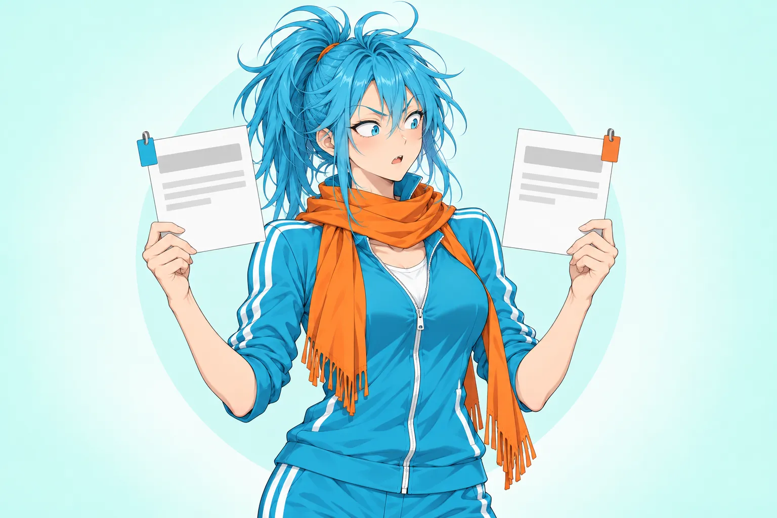 Hayate-chan holds up two identical web page cards, one with a cyan label tag and one with an orange tag, looking from one to the other in surprise, on a pale mint background with a faint cyan circle behind her
